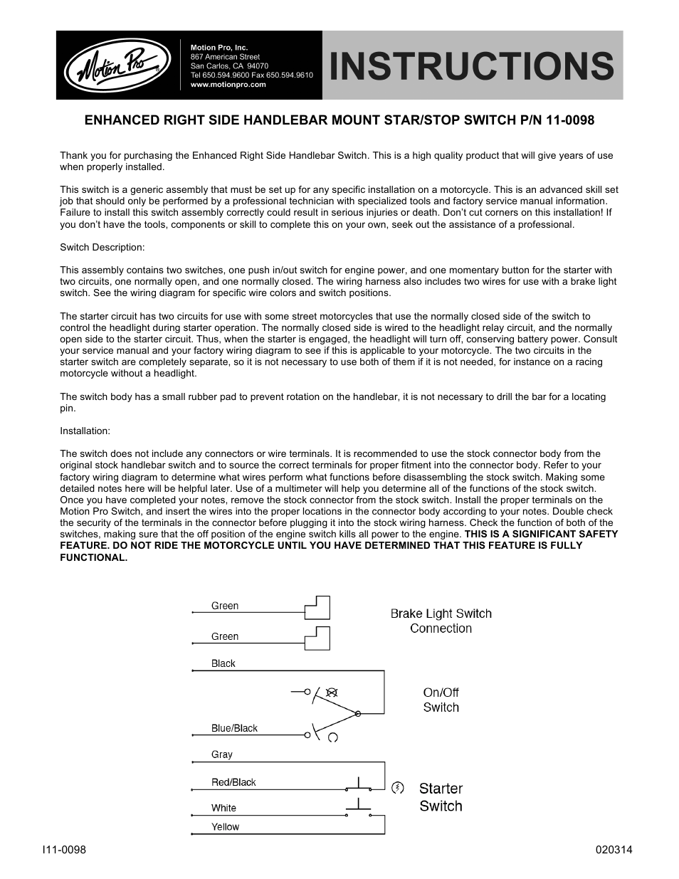 Motion Pro 11-0098 User Manual | 1 page