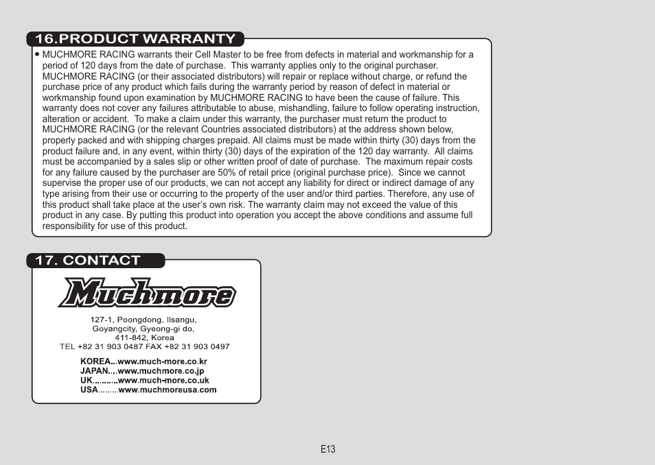 Product warranty 17. contact | Muchmore Cell Master Platinum (PT-CTXC) User Manual | Page 28 / 44