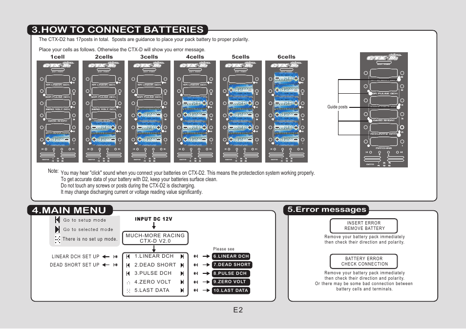 Main menu 3.how to connect batteries, Error messages | Muchmore CTX D2 User Manual | Page 4 / 16