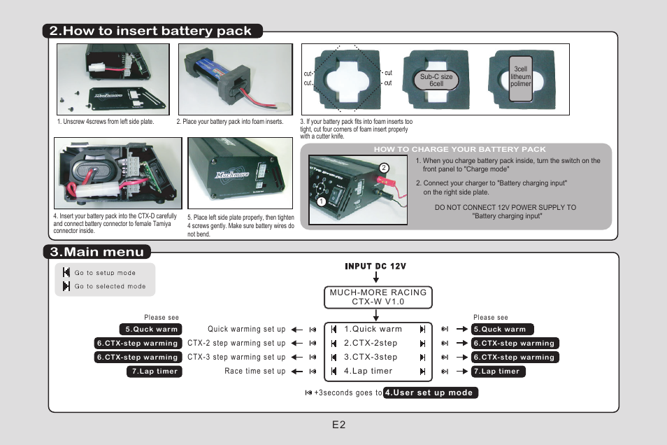 Main menu 2.how to insert battery pack | Muchmore CTX-W Tire Warmers User Manual | Page 4 / 16