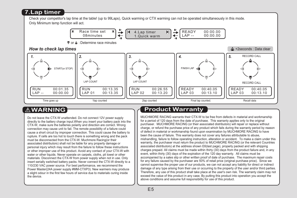 Lap timer, Warning, Product warranty | How to check lap times | Muchmore CTX-W Tire Warmers User Manual | Page 7 / 16