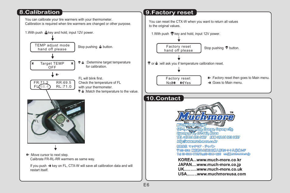Calibration, Factory reset, Contact | Muchmore CTX-W Tire Warmers User Manual | Page 8 / 16