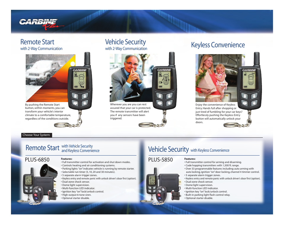 Remote start, Keyless convenience remote start, Vehicle security | Plus-6850, Plus-5850 | Carbine PLUS-4800 User Manual | Page 2 / 2