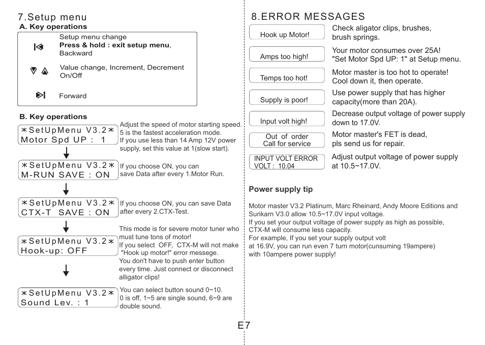 Error messages, Setup menu | Muchmore Motor Master (PT-CTXM3) User Manual | Page 17 / 32