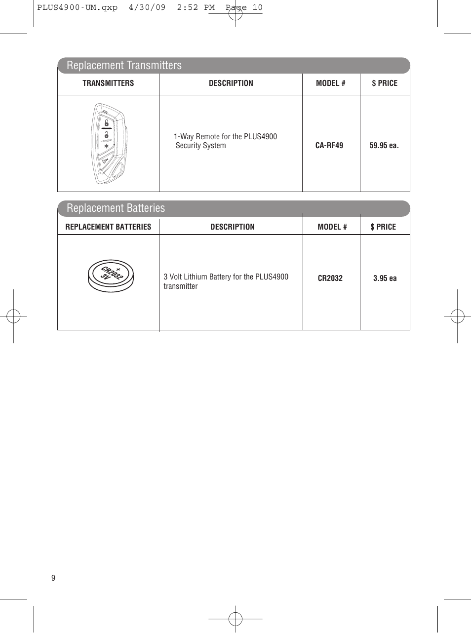 Replacement transmitters replacement batteries | Carbine PLUS-4900 User Manual | Page 10 / 12