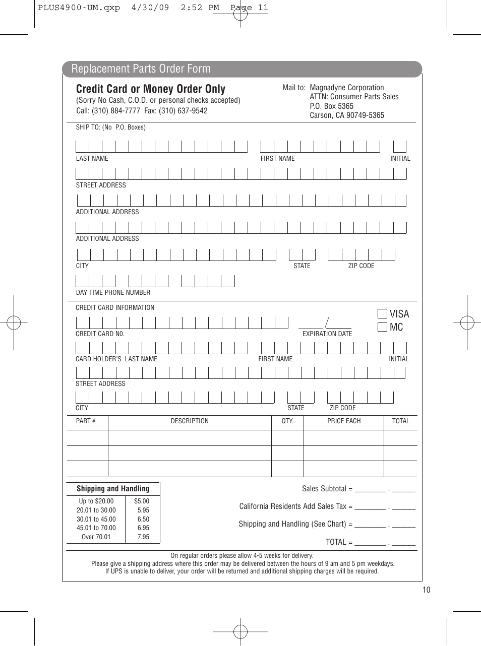 Credit card or money order only, Replacement parts order form, Visa mc | Carbine PLUS-4900 User Manual | Page 11 / 12