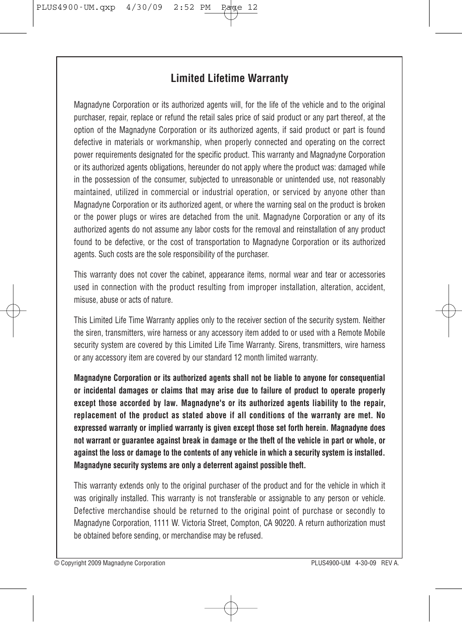 Limited lifetime warranty | Carbine PLUS-4900 User Manual | Page 12 / 12