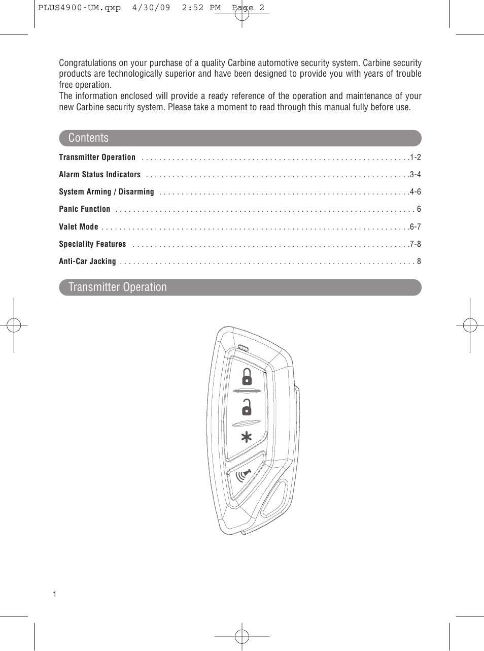 Contents transmitter operation | Carbine PLUS-4900 User Manual | Page 2 / 12