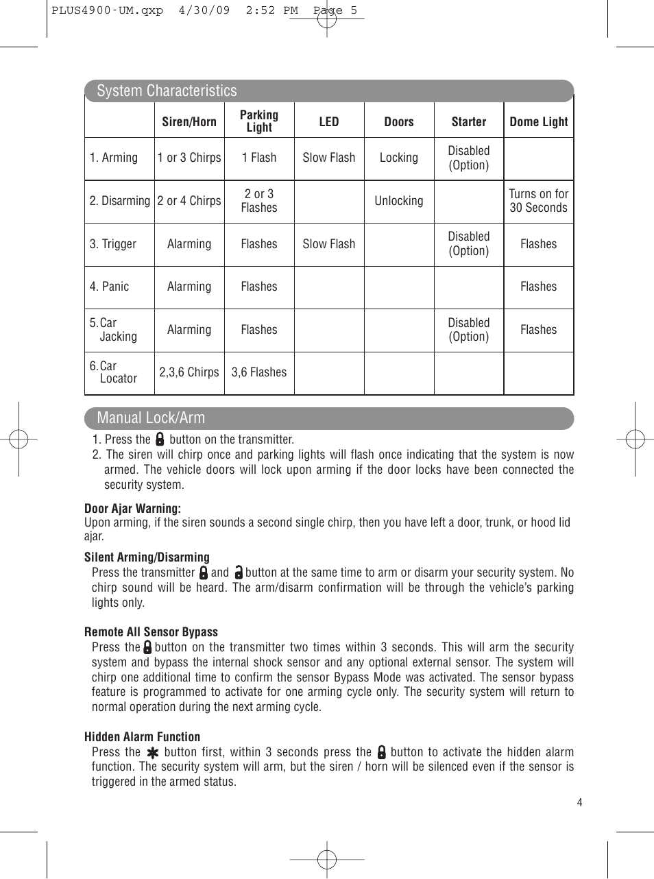 System characteristics, Manual lock/arm | Carbine PLUS-4900 User Manual | Page 5 / 12