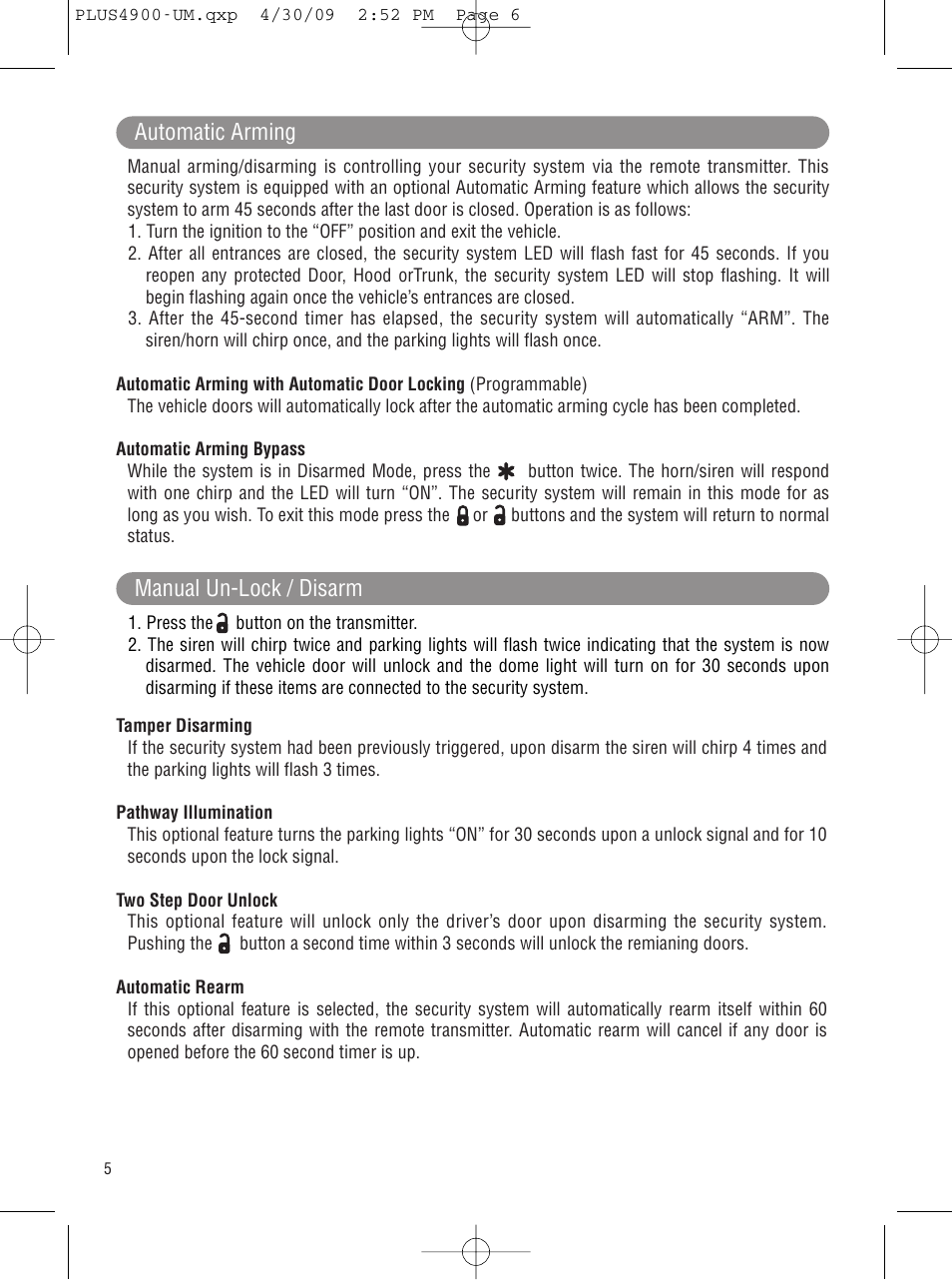 Manual un-lock / disarm automatic arming | Carbine PLUS-4900 User Manual | Page 6 / 12