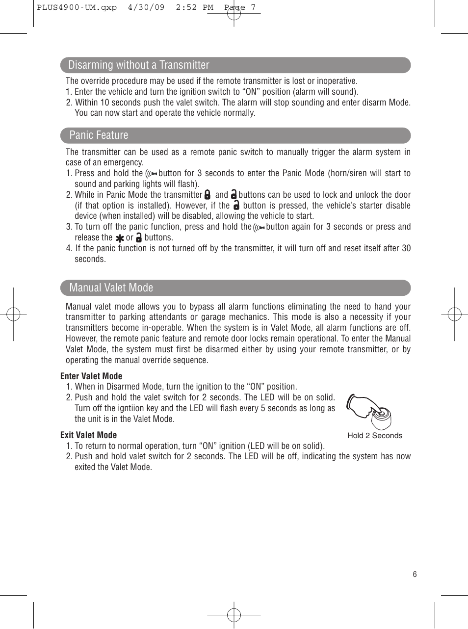 Disarming without a transmitter panic feature, Manual valet mode | Carbine PLUS-4900 User Manual | Page 7 / 12