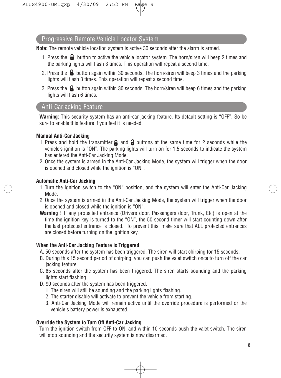 Progressive remote vehicle locator system, Anti-carjacking feature | Carbine PLUS-4900 User Manual | Page 9 / 12
