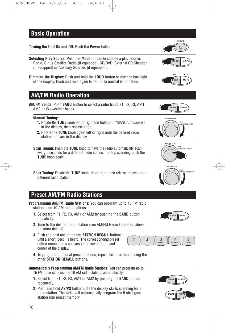 Basic operation, Preset am/fm radio stations am/fm radio operation | Magnadyne M9900DVDS User Manual | Page 10 / 32