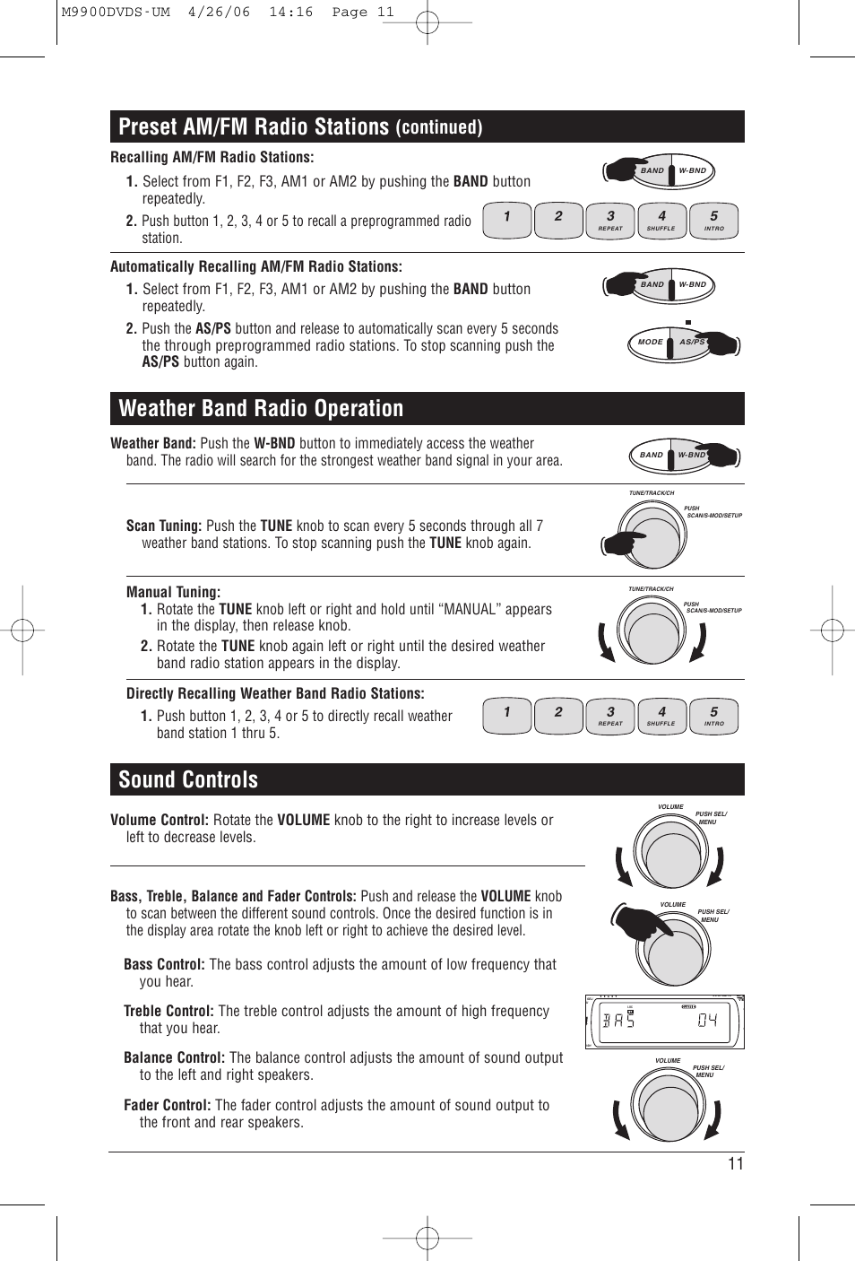 Weather band radio operation, Preset am/fm radio stations, Sound controls | Continued) | Magnadyne M9900DVDS User Manual | Page 11 / 32
