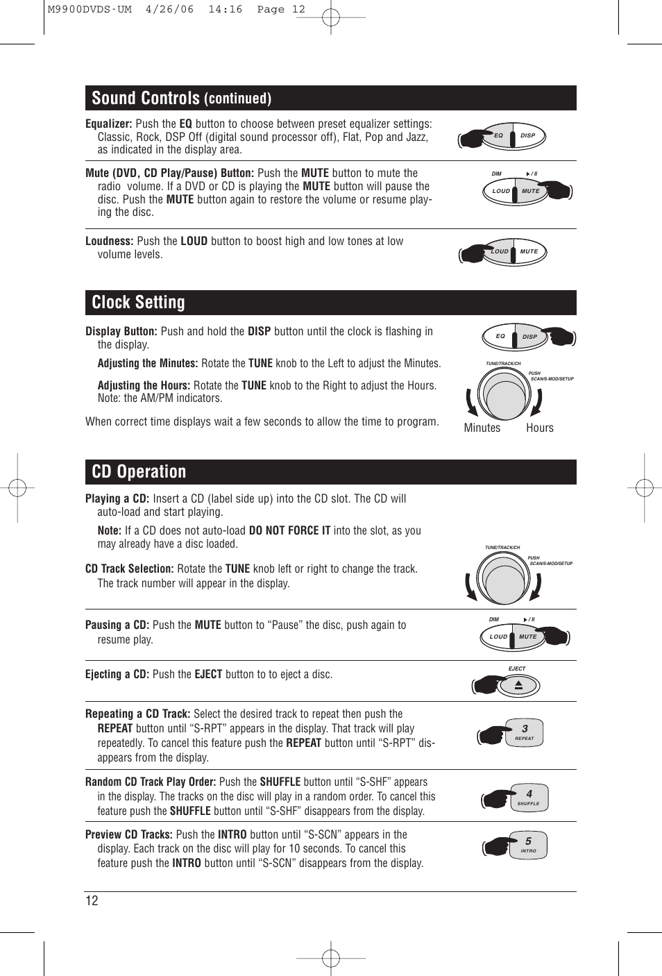 Clock setting sound controls, Cd operation, Continued) | Magnadyne M9900DVDS User Manual | Page 12 / 32