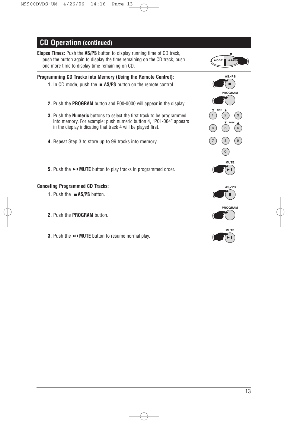 Cd operation, Continued) | Magnadyne M9900DVDS User Manual | Page 13 / 32