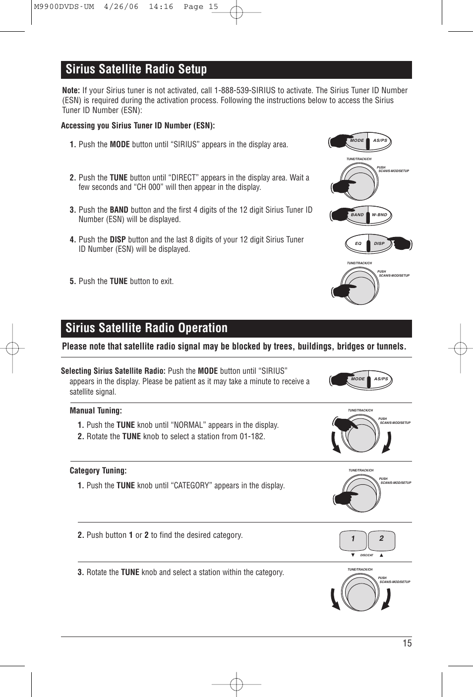 Sirius satellite radio setup, Sirius satellite radio operation | Magnadyne M9900DVDS User Manual | Page 15 / 32