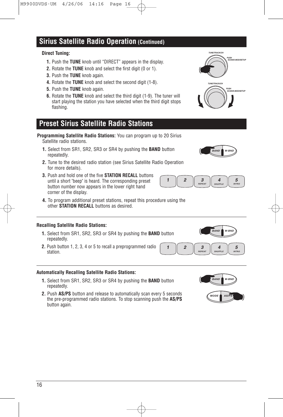 Sirius satellite radio operation, Preset sirius satellite radio stations, Continued) | Magnadyne M9900DVDS User Manual | Page 16 / 32