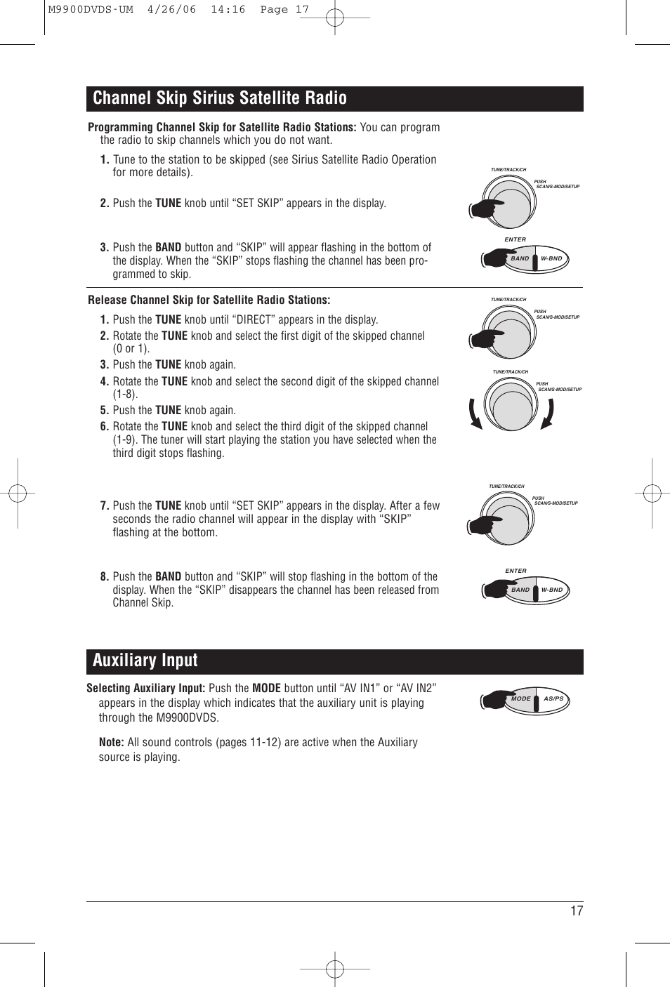 Channel skip sirius satellite radio, Auxiliary input | Magnadyne M9900DVDS User Manual | Page 17 / 32