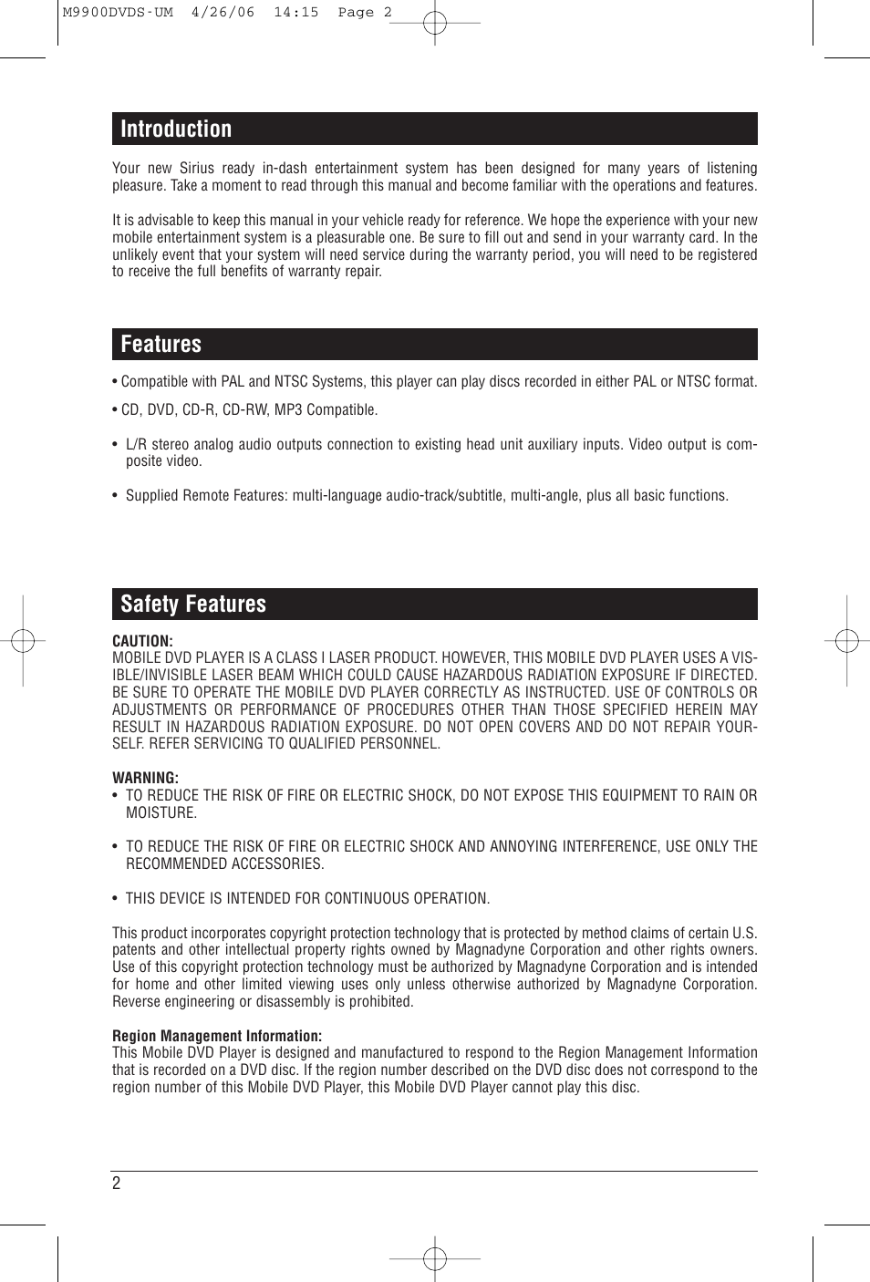 Features safety features, Introduction | Magnadyne M9900DVDS User Manual | Page 2 / 32