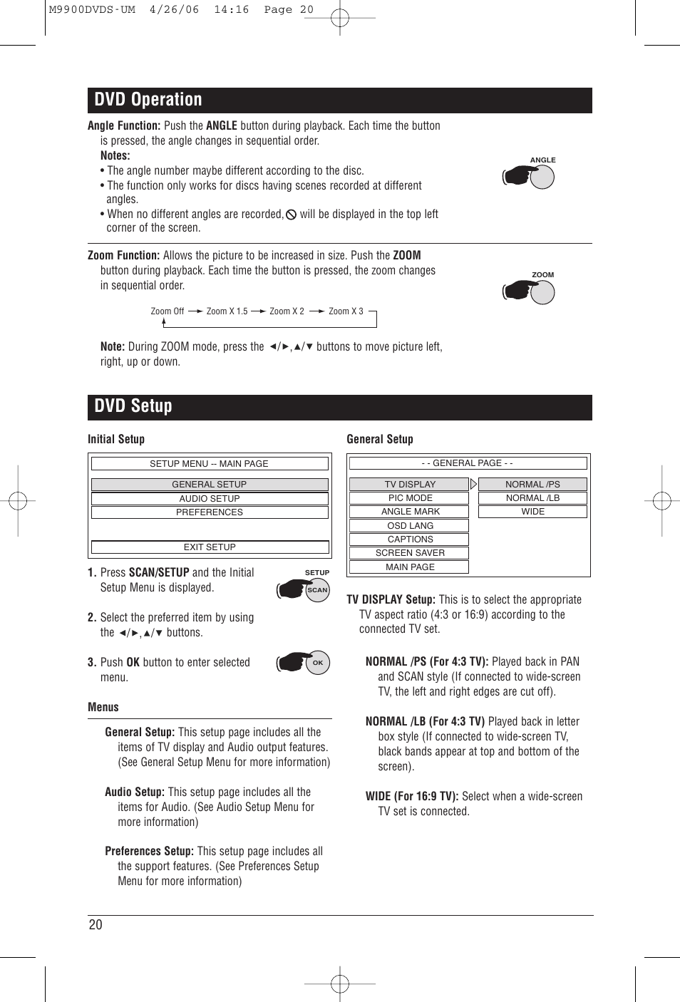 Dvd operation, Dvd setup | Magnadyne M9900DVDS User Manual | Page 20 / 32