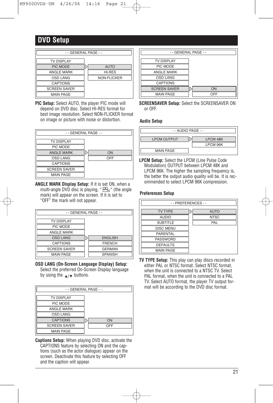 Dvd setup | Magnadyne M9900DVDS User Manual | Page 21 / 32