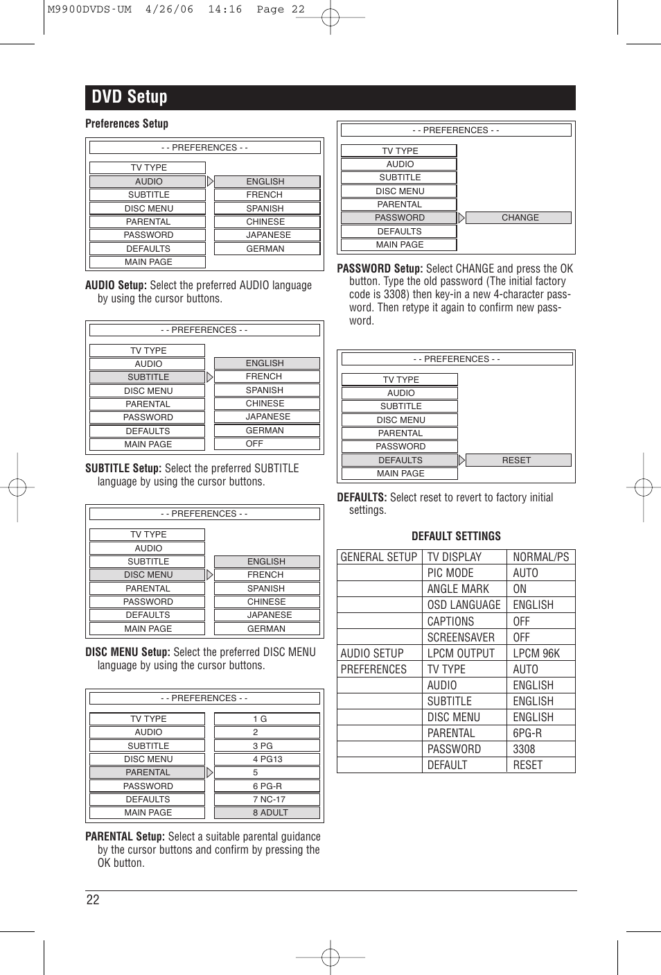 Dvd setup | Magnadyne M9900DVDS User Manual | Page 22 / 32