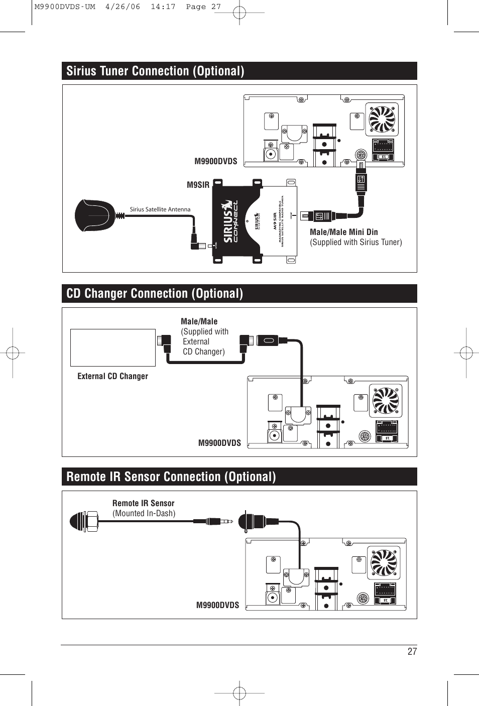Cd changer connection (optional), Sirius tuner connection (optional), Remote ir sensor connection (optional) | Magnadyne M9900DVDS User Manual | Page 27 / 32
