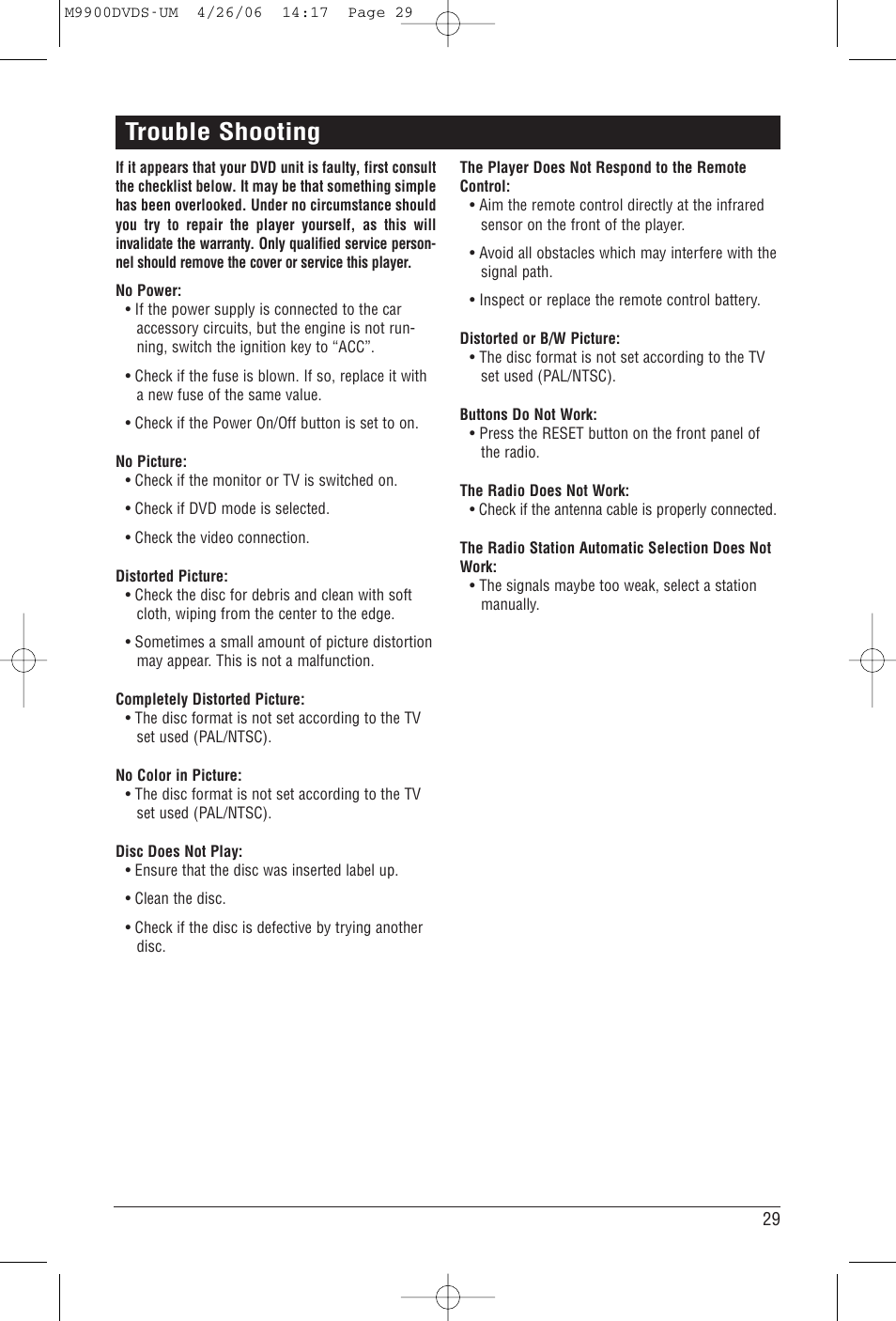Trouble shooting | Magnadyne M9900DVDS User Manual | Page 29 / 32