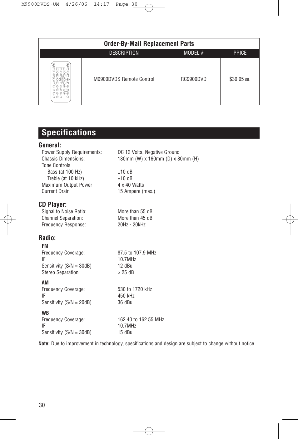 Specifications, Order-by-mail replacement parts, General | Cd player, Radio | Magnadyne M9900DVDS User Manual | Page 30 / 32
