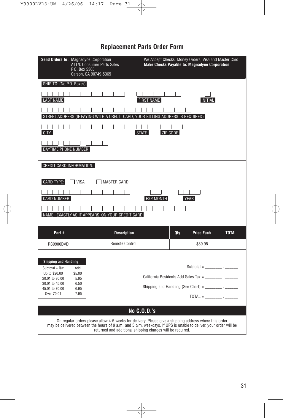 Replacement parts order form, No c.o.d.’s | Magnadyne M9900DVDS User Manual | Page 31 / 32