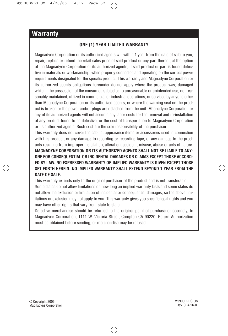 Warranty | Magnadyne M9900DVDS User Manual | Page 32 / 32