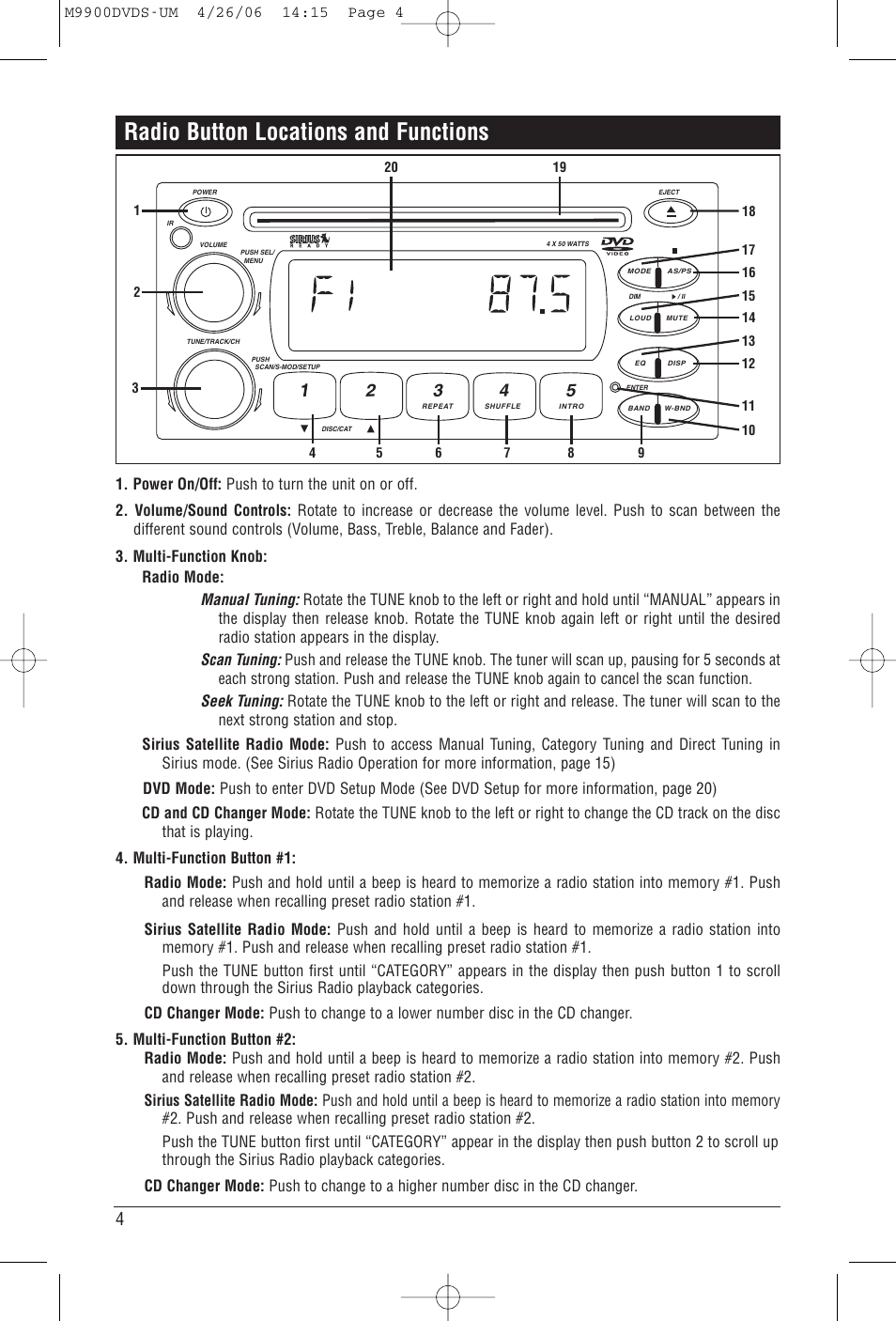 Radio button locations and functions | Magnadyne M9900DVDS User Manual | Page 4 / 32