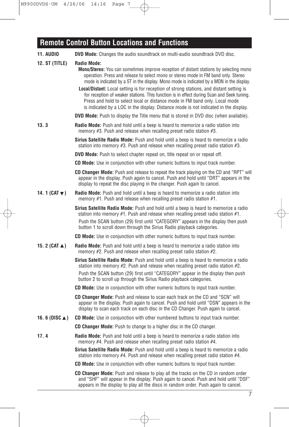Remote control button locations and functions | Magnadyne M9900DVDS User Manual | Page 7 / 32
