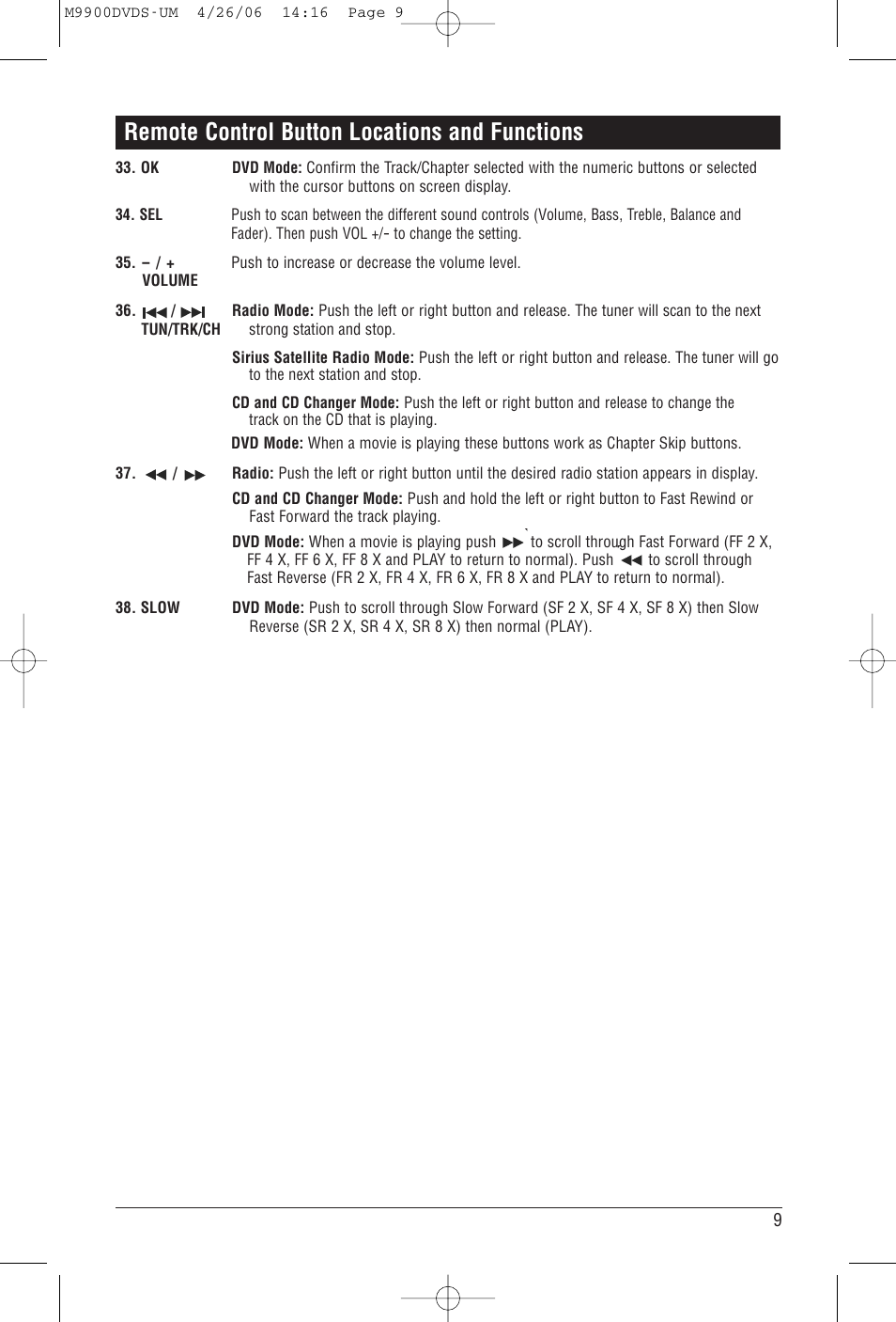 Remote control button locations and functions | Magnadyne M9900DVDS User Manual | Page 9 / 32