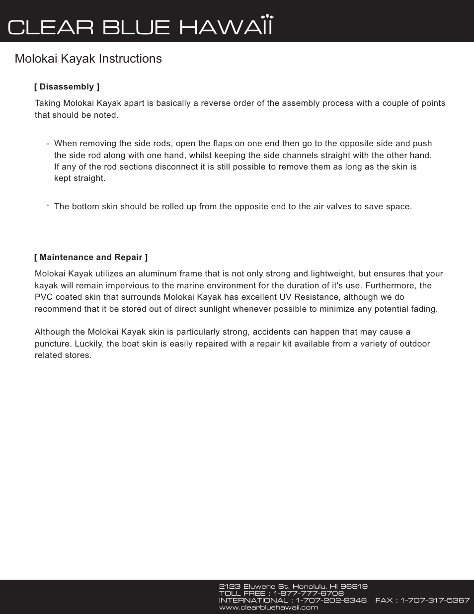 Clear blue hawaii, Molokai kayak instructions | Clear Blue Hawaii Molokai Kayak User Manual | Page 5 / 5