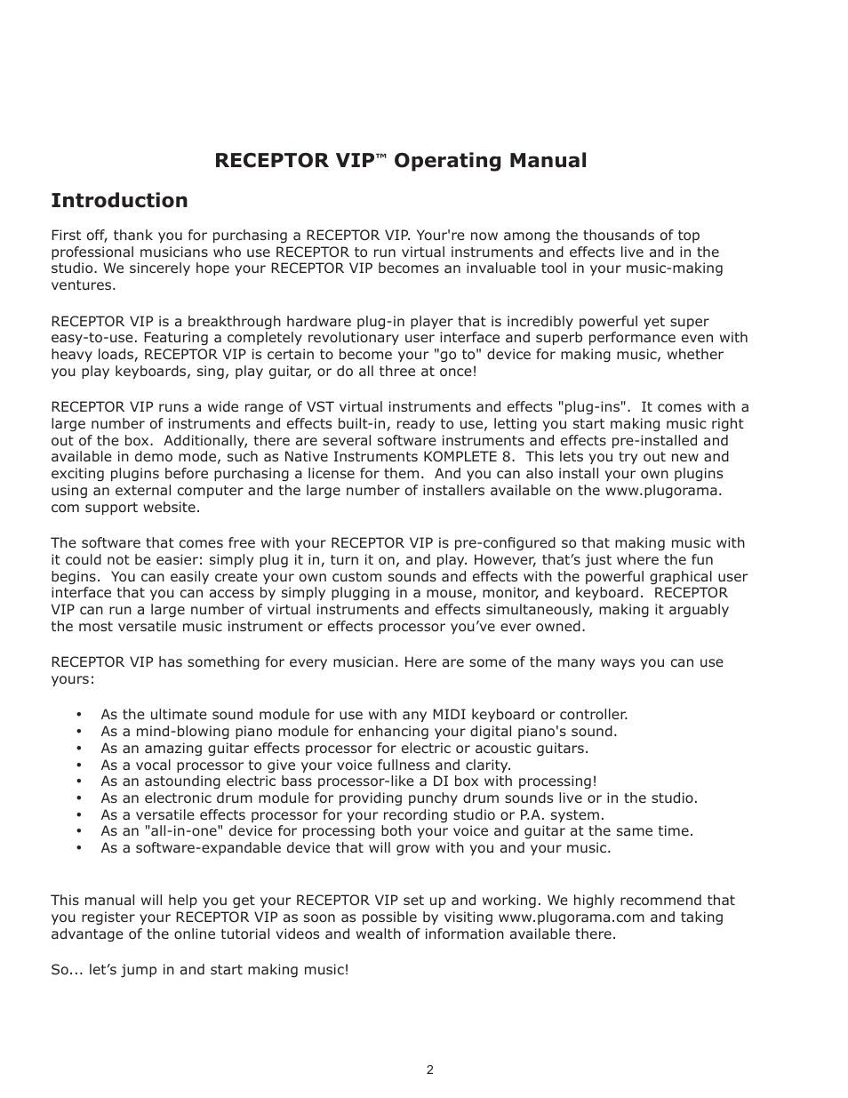 Receptor vip, Operating manual introduction | Muse Research Receptor VIP manual v1.1 User Manual | Page 2 / 35