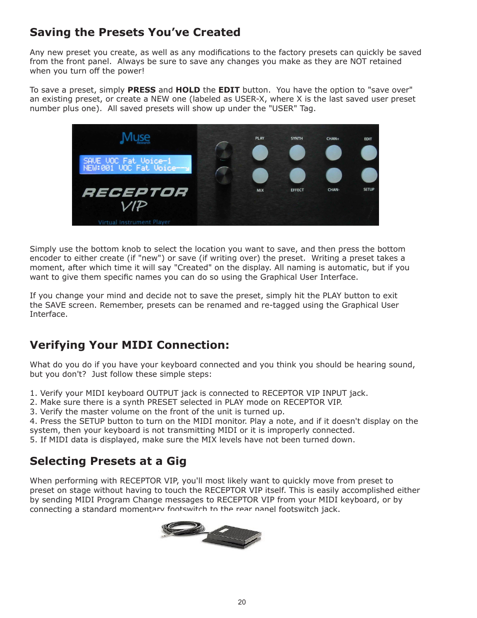 Saving the presets you’ve created, Verifying your midi connection, Selecting presets at a gig | Muse Research Receptor VIP manual v1.1 User Manual | Page 20 / 35