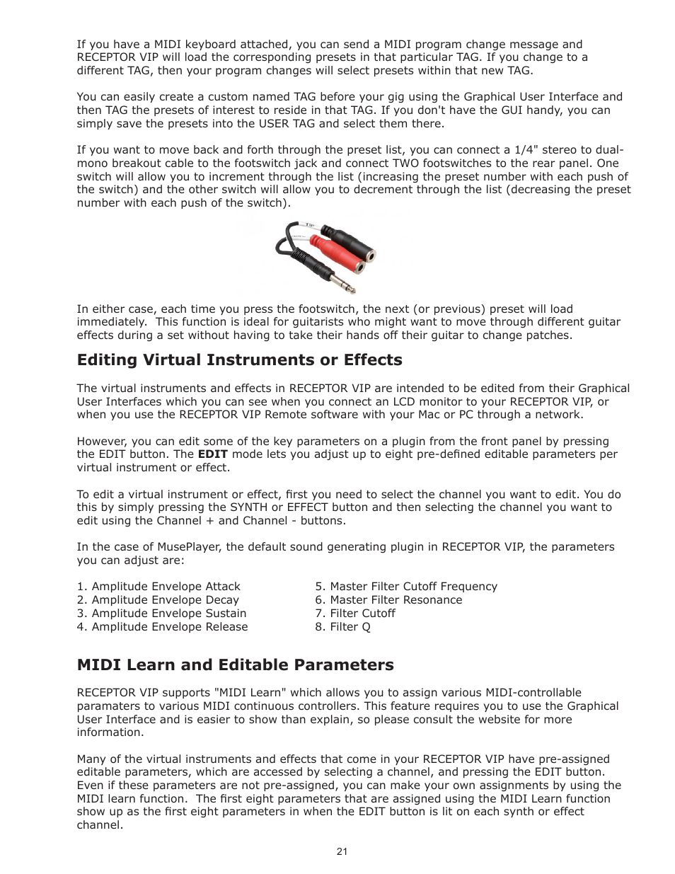 Editing virtual instruments or effects, Midi learn and editable parameters | Muse Research Receptor VIP manual v1.1 User Manual | Page 21 / 35