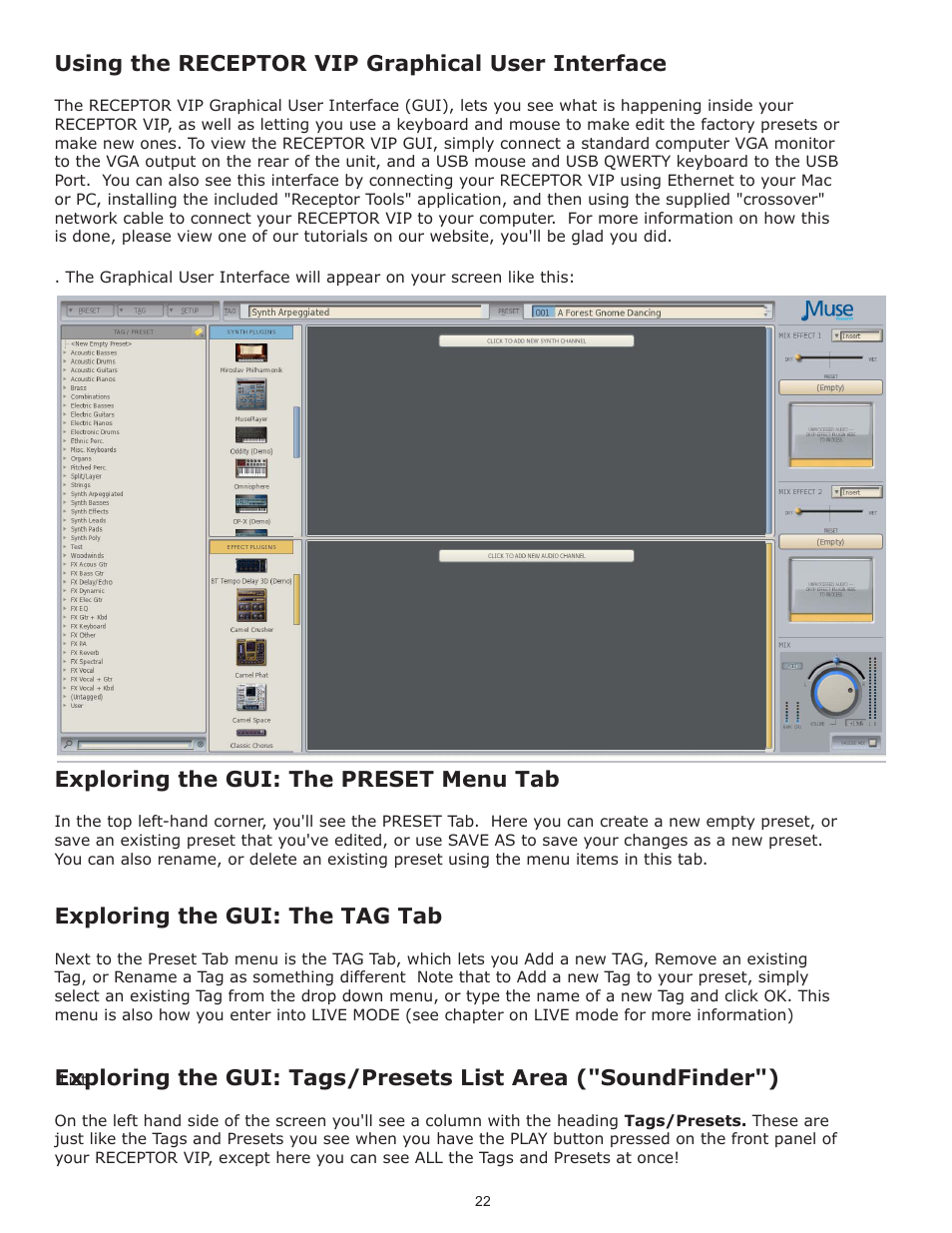 Using the receptor vip graphical user interface, Exploring the gui: the preset menu tab, Exploring the gui: the tag tab | Muse Research Receptor VIP manual v1.1 User Manual | Page 22 / 35