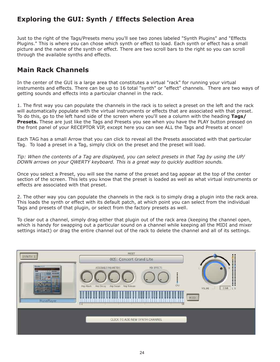 Exploring the gui: synth / effects selection area, Main rack channels | Muse Research Receptor VIP manual v1.1 User Manual | Page 24 / 35