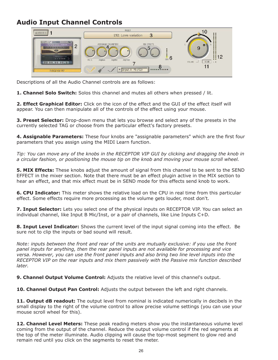 Audio input channel controls | Muse Research Receptor VIP manual v1.1 User Manual | Page 26 / 35