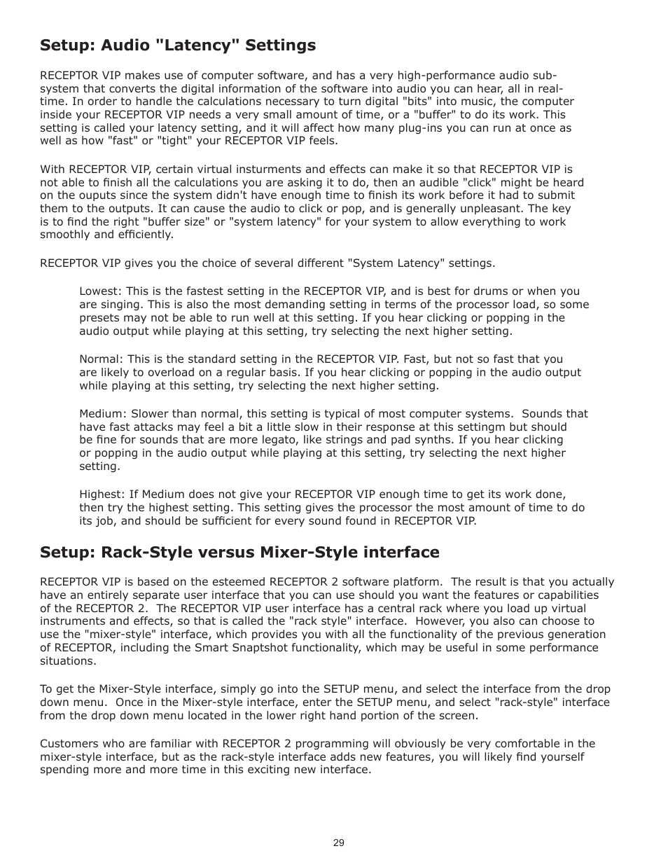 Setup: audio "latency" settings, Setup: rack-style versus mixer-style interface | Muse Research Receptor VIP manual v1.1 User Manual | Page 29 / 35