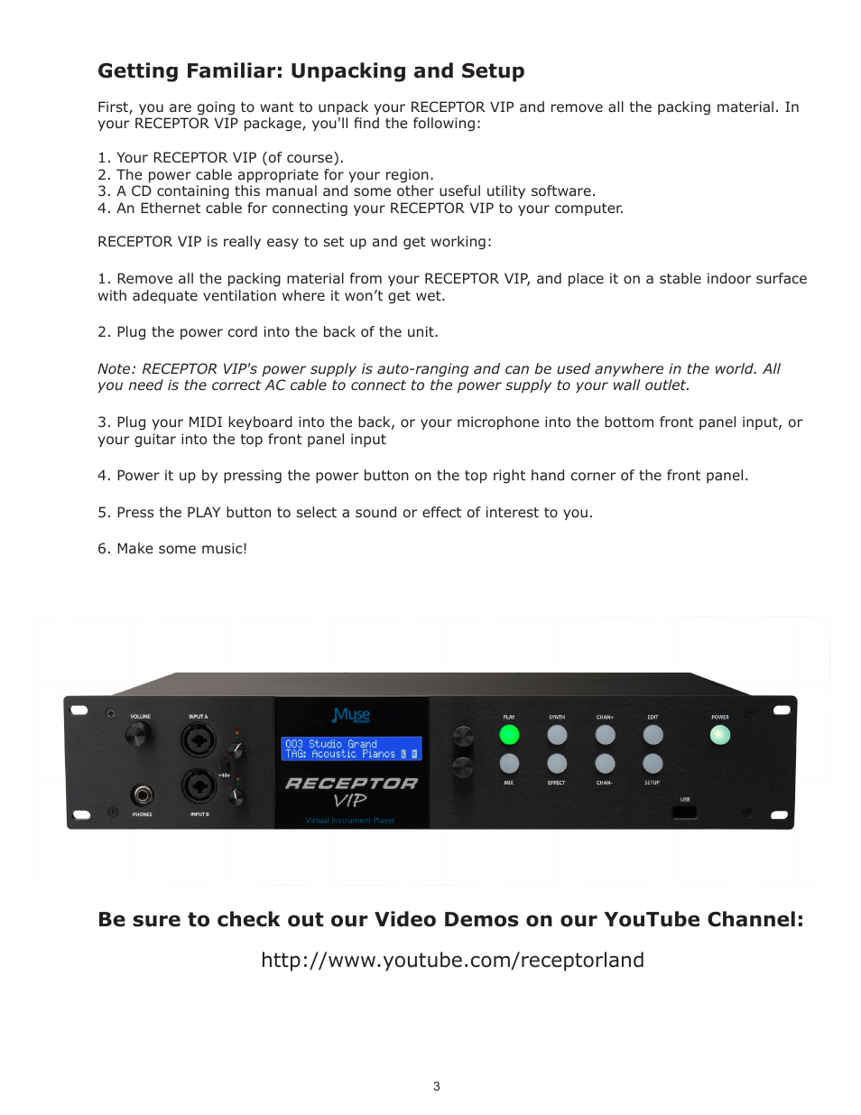 Getting familiar: unpacking and setup | Muse Research Receptor VIP manual v1.1 User Manual | Page 3 / 35