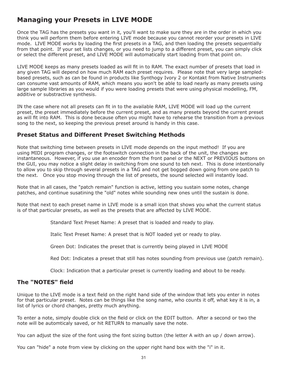 Managing your presets in live mode | Muse Research Receptor VIP manual v1.1 User Manual | Page 31 / 35