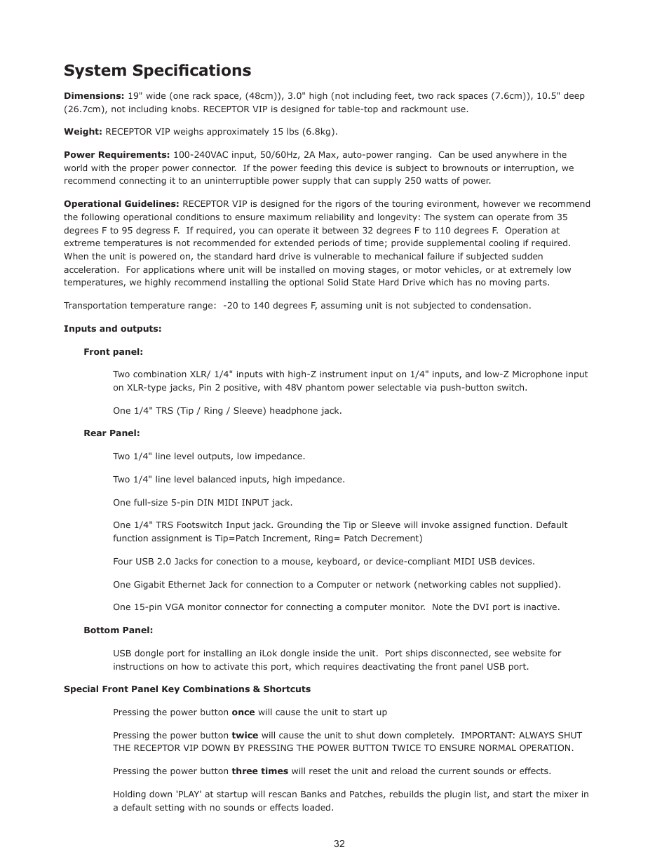 System specifications | Muse Research Receptor VIP manual v1.1 User Manual | Page 32 / 35