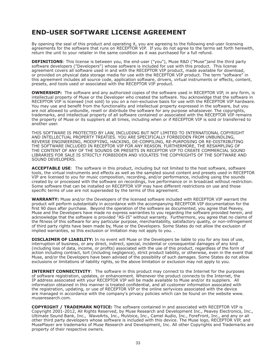 End-user software license agreement | Muse Research Receptor VIP manual v1.1 User Manual | Page 33 / 35