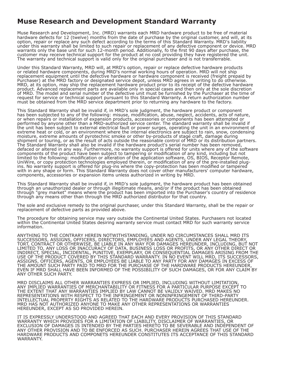 Muse research and development standard warranty | Muse Research Receptor VIP manual v1.1 User Manual | Page 34 / 35
