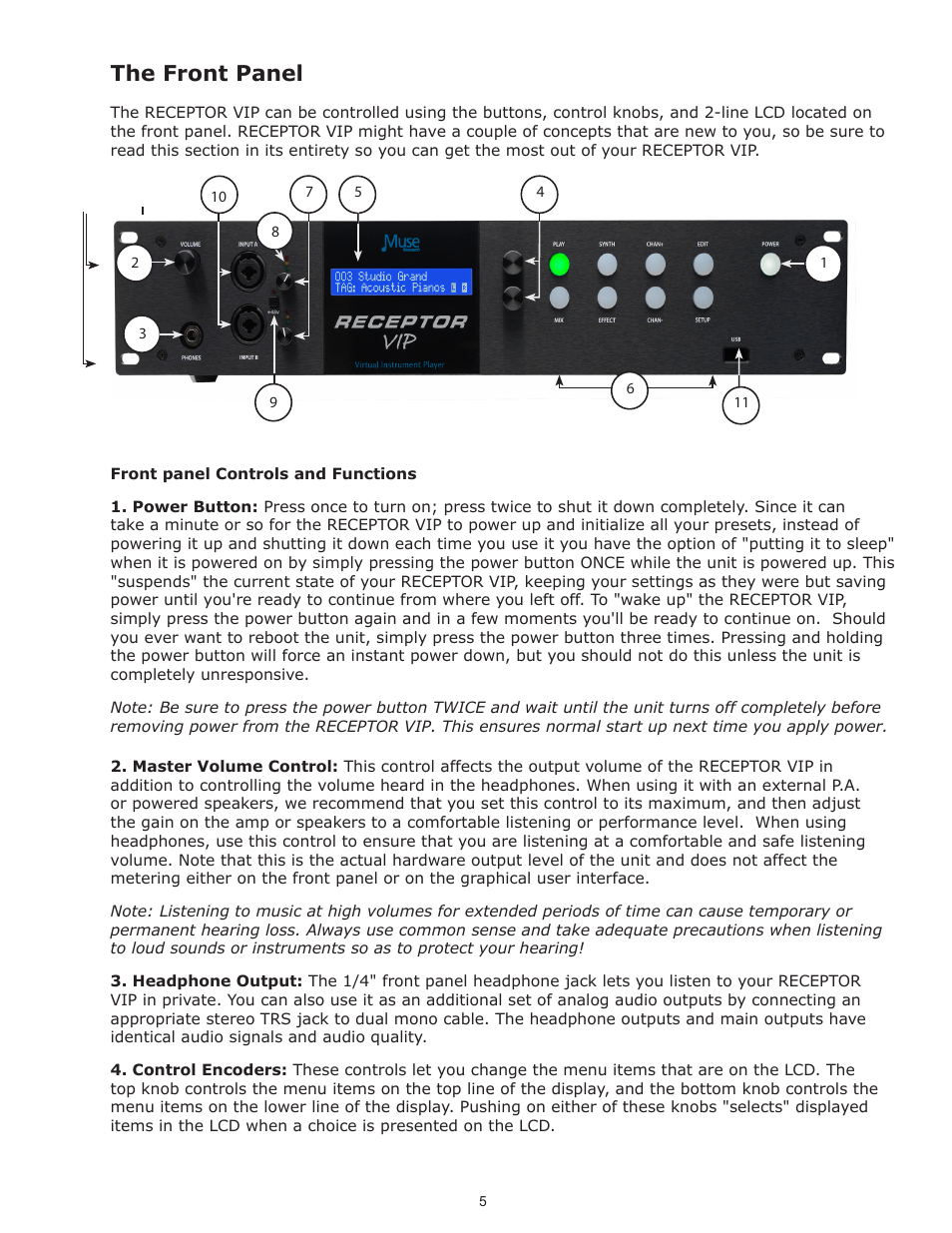 The front panel | Muse Research Receptor VIP manual v1.1 User Manual | Page 5 / 35