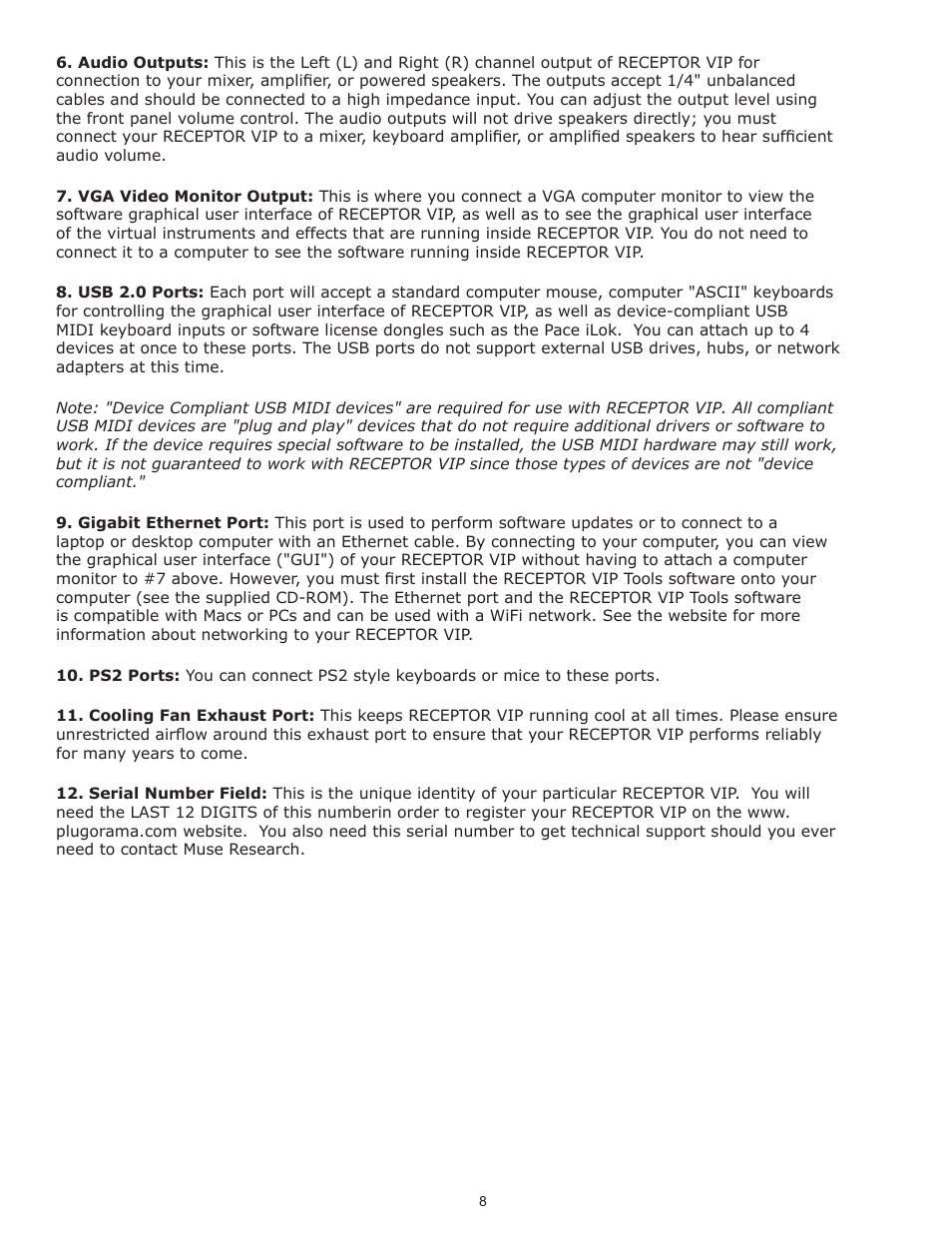 Muse Research Receptor VIP manual v1.1 User Manual | Page 8 / 35